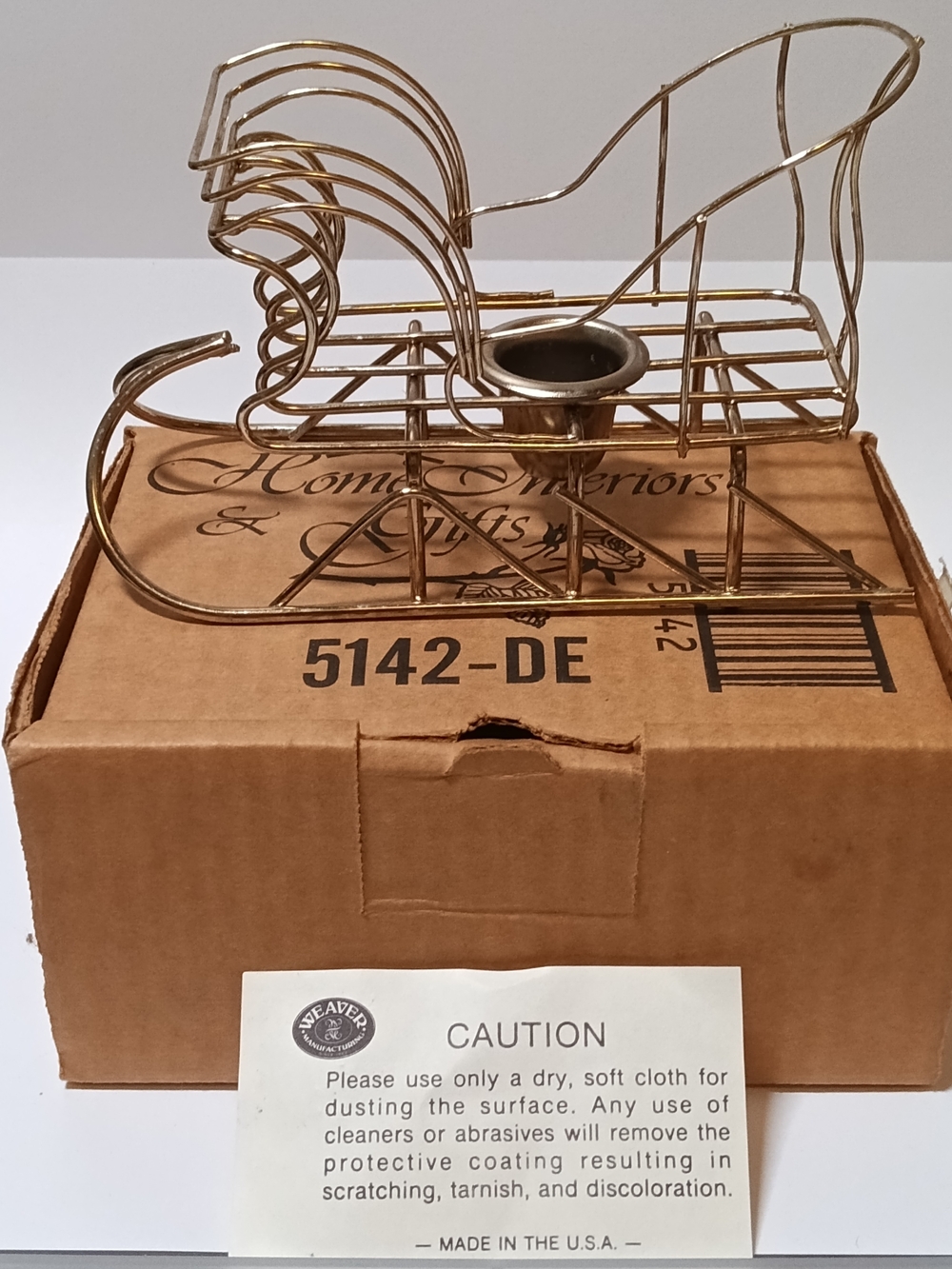 Vintage Home Interiors Brass Wire Sleigh Candle Holder Christmas Decor Boxed